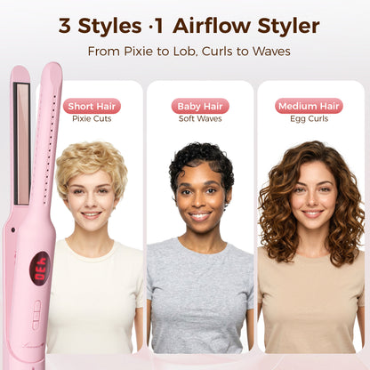 Lanvier Airflow Styler, Mini Curling Iron for Short Hair Pixie Cut & Bangs, 0.65-inch Flat Iron with 360 Degree Cool Air Flow, Dual Voltage 100-240V Global Use 4 Adjustable, Heat up to 430°F - Pink