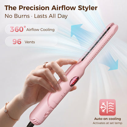 Lanvier Airflow Styler, Mini Curling Iron for Short Hair Pixie Cut & Bangs, 0.65-inch Flat Iron with 360 Degree Cool Air Flow, Dual Voltage 100-240V Global Use 4 Adjustable, Heat up to 430°F - Pink