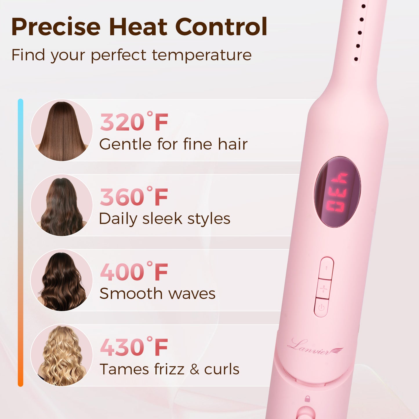 Lanvier Airflow Styler, Mini Curling Iron for Short Hair Pixie Cut & Bangs, 0.65-inch Flat Iron with 360 Degree Cool Air Flow, Dual Voltage 100-240V Global Use 4 Adjustable, Heat up to 430°F - Pink