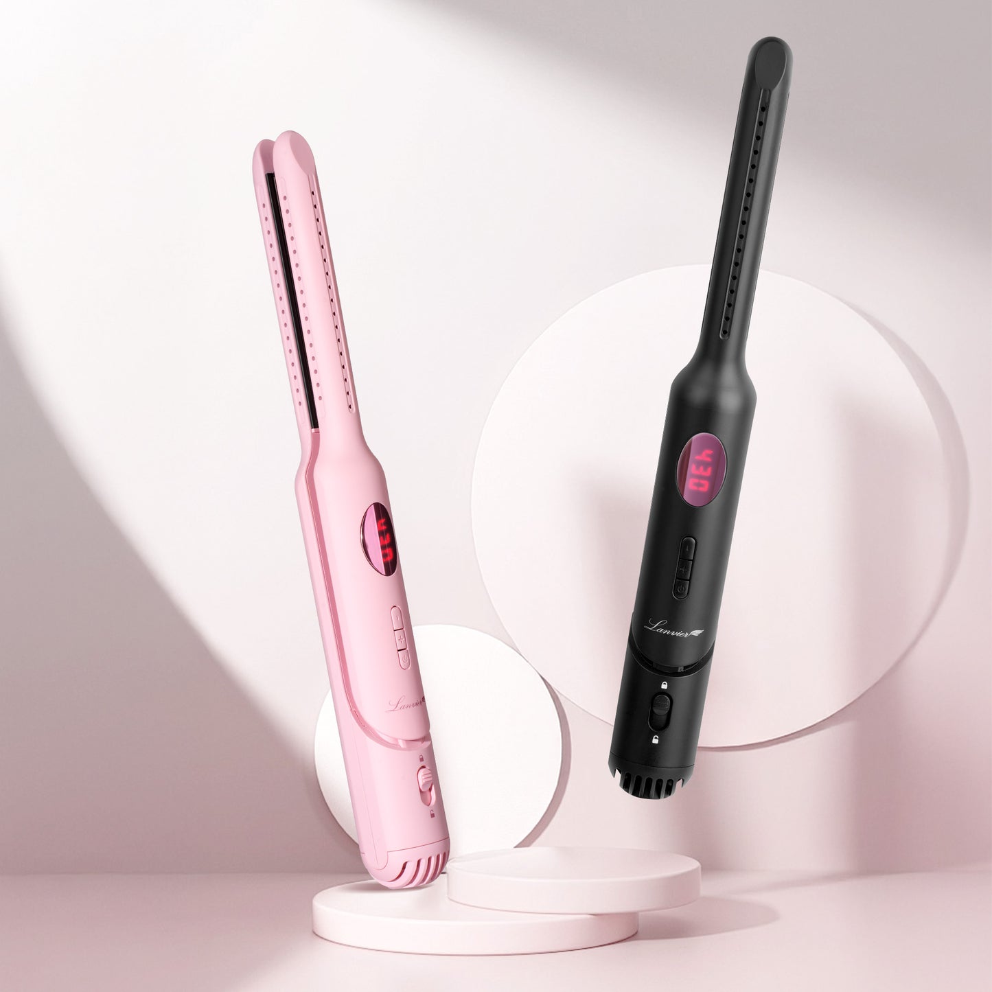 Lanvier Airflow Styler, Mini Curling Iron for Short Hair Pixie Cut & Bangs, 0.65-inch Flat Iron with 360 Degree Cool Air Flow, Dual Voltage 100-240V Global Use 4 Adjustable, Heat up to 430°F - Pink